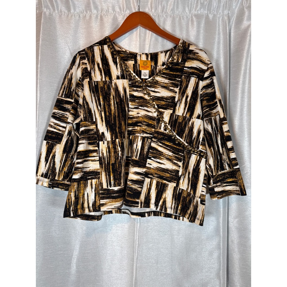 Ruby Rd Petite PXL Abstract Print V-Neck 3/4 Sleeve Wrap Style Top